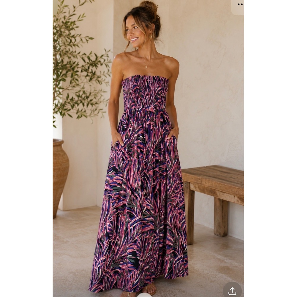 Evereve Strapless Smocked Maxi Dress Pink Purple Tropical Palm Print Small